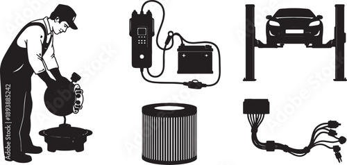 5-6 Black Solid Car Maintenance Drawings Silhouettes on White