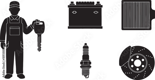 5-6 Black Solid Car Maintenance Drawings Silhouettes on White