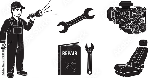 5-6 Black Solid Car Mechanic Outlines Silhouettes on White