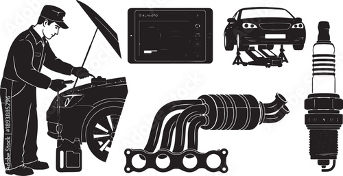 5-6 Black Solid Engine Diagnostic Drawings Silhouettes