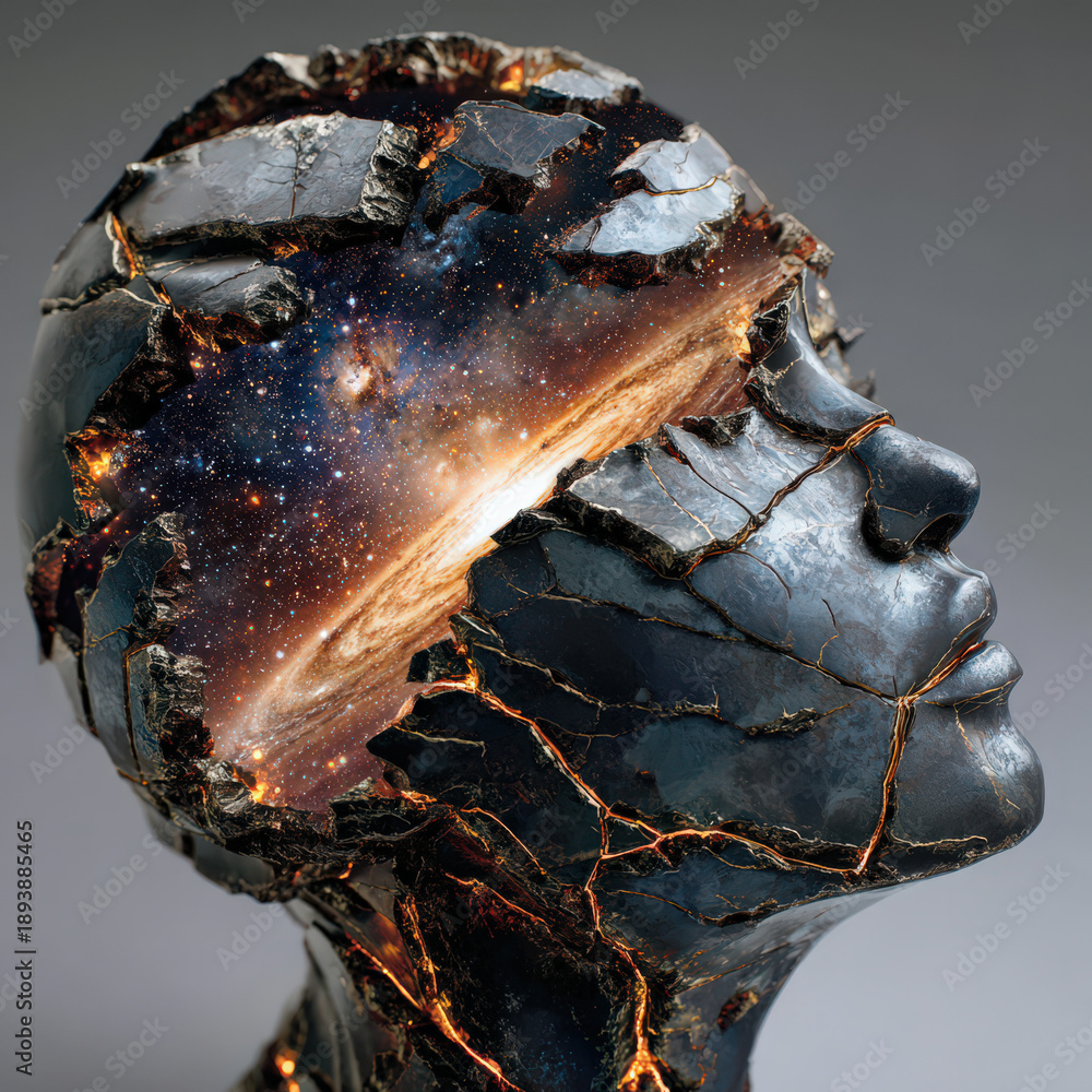 Obraz premium Surreal Cracked Stone Head with Glowing Cosmic Core