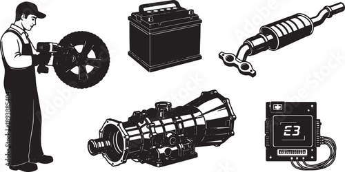 5-6 Black Solid Vehicle Repair Shapes Silhouettes on White