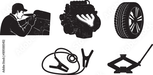 5-6 Black Solid Car Repair Shapes Silhouettes on White