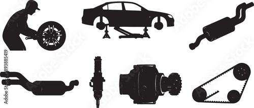 6 Black Solid Automotive Repair Silhouettes Set on White Background
