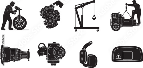 6 Black Solid Vehicle Maintenance Silhouettes Set on White Background