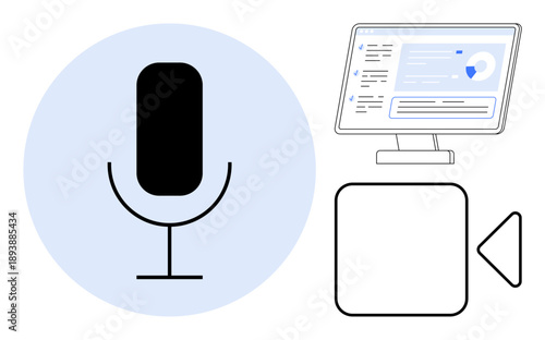 Content creation, online communication, video streaming, media production, remote teamwork, technology. A microphone icon, video symbol and computer screen with a data dashboard. Content creation