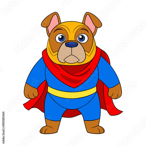 Cute superhero dog in colorful costume standing heroically