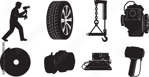 6 Black Solid Automotive Service Silhouettes on White