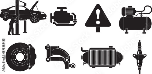 6 Black Solid Car Repair Silhouettes with Parts