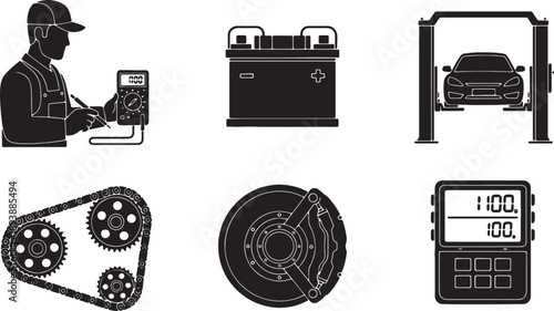 6 Black Solid Auto Service Equipment Silhouettes on White