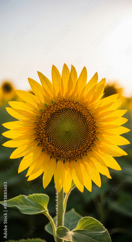 Fototapeta premium Close-up of a bright yellow sunflower with a green center, showcasing its vibrant petals and intricate seed pattern, representing warmth and summer beauty