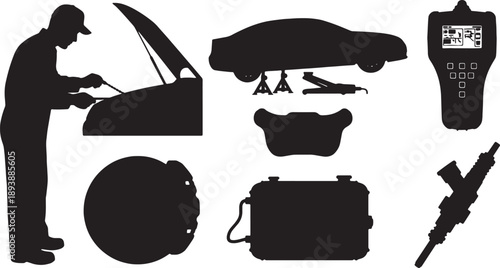 6 Black Solid Engine Repair Illustrations on White