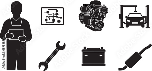 6 Black Solid Car Garage Drawings Silhouettes on White