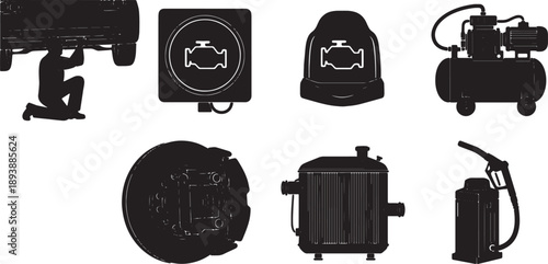 6 Black Solid Automotive Repair Illustrations on White