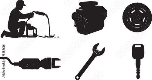 6 Black Solid Auto Repair Process Drawings Silhouettes on White