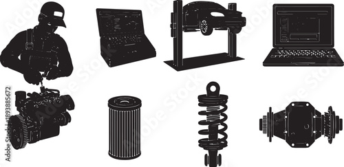 6 Black Solid Car Service Outlines Silhouettes on White