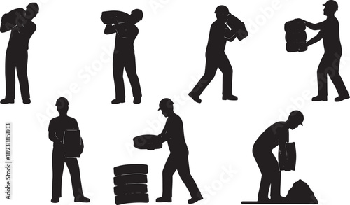 6 Black Solid Workers Carrying Cement Bags Silhouettes Set on White Background