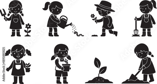 6 Black Solid Kids Gardening Silhouettes Set on White Background