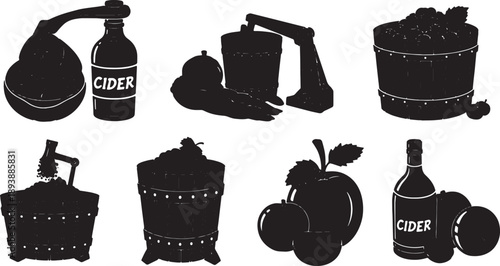 5 Black Solid Silhouettes of Cider Production