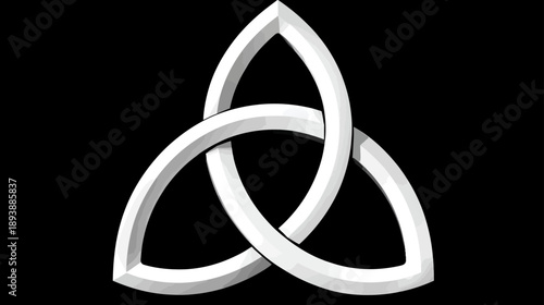 3D White Triquetra Symbol on Black Background, Celtic Knot, Trinity Sign, Geometric Trefoil Knot Isolated Icon Illustration