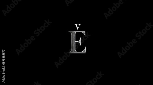 Elegant Silver Stylized Capital Letter E with Caron Accent Mark. Modern Typography Graphic Element on Black Background