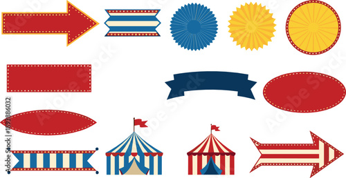 Carnival circus decorative label vector set with arrows, ribbons, badges, tents, frames, vintage fair signage, and colorful retro design elements