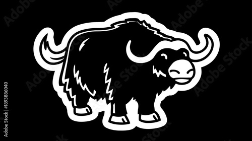 Stylized Black and White Musk Ox Vector Illustration. Cartoon Yak-like Arctic Animal with Thick Fur and Curved Horns.