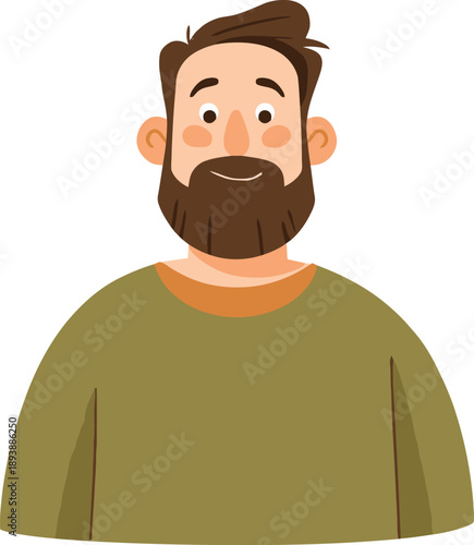 A cartoon illustration of a smiling man with a beard and brown hair