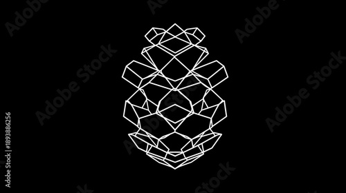 Abstract White Geometric Polygonal Shape on Black Background, Digital Generative Art, Modern Minimalist Design Element