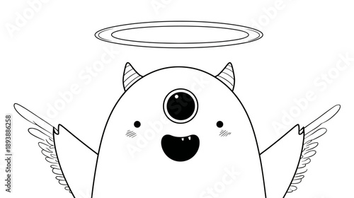 Cute cartoon monster with halo, wings, and horns. Black and white line art illustration of a playful creature design.