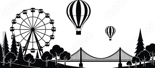 Black Park Landscape Silhouette Vector with Ferris Wheel Suspension Bridge Hot Air Balloons and Trees Isolated on White Background Design (20 words)