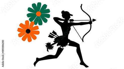 Dynamic silhouette of a female archer aiming with bow and arrow, adorned with vibrant flowers. Sports, hobby, vector illustration.