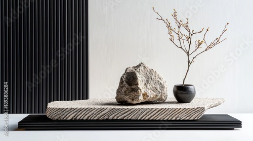 Wallpaper Mural Minimalist still life with rock, small vase with branch, and textured stone on layered black platforms Torontodigital.ca