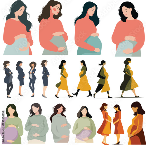 A diverse group of pregnant women in various poses and outfits, showcasing different stages of pregnancy.
