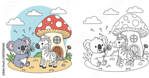 Cute cartoon koala blowing dandelion seeds and baby zebra standing near a red mushroom house vector illustration; happy animals playing in nature.