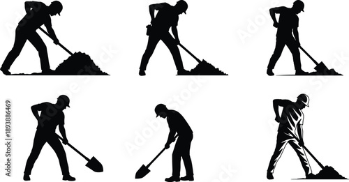 WebDigging worker silhouettes, manual labor with shovels, black figures in motion, soil excavation, construction effort, ergonomic posture, industrial work scene