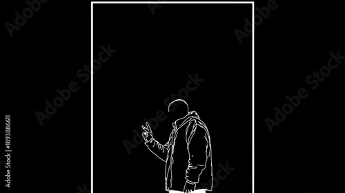 Faceless person making peace sign in white outline on black background. Anonymous urban street art concept, minimalist graphic design.