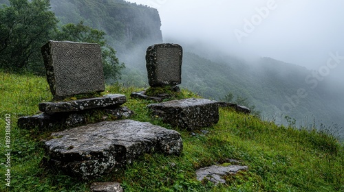 Wallpaper Mural Ancient stone monuments stand on a verdant hillside, enveloped by mist and overlooking a rugged landscape Torontodigital.ca