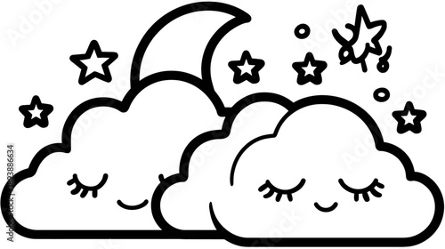 Cute cartoon sleeping clouds with crescent moon and stars, sweet dreams night sky outline vector illustration for kids.