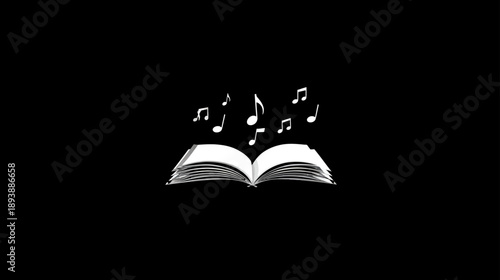 Hand-drawn open book with floating musical notes on black background. Represents music education, storytelling, creativity, and song.