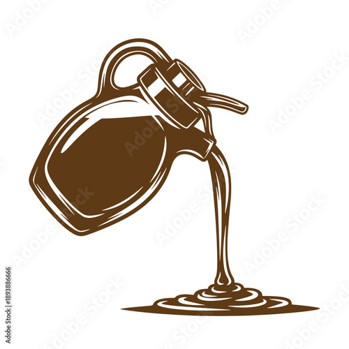 Vintage Grunge texture Brown liquid pouring from jug with handle and spout flowing into puddle on white background