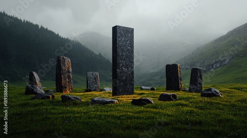 Wallpaper Mural A monolith and standing stones arranged in a circle on a grassy plain. Hilly terrain fades into mist in the background Torontodigital.ca