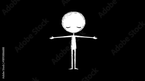 Abstract white stick figure with closed eyes and outstretched arms on a black background, symbolizing peace or welcome.