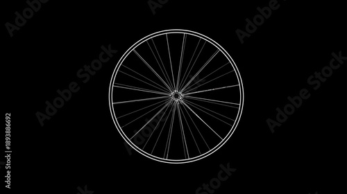 Minimalist Line Art Bicycle Wheel Outline on Black Background. Cycling, Sport, Mechanic, Movement Concept Graphic.