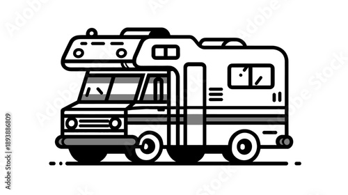 Monochrome line art illustration of a vintage recreational vehicle (RV) motorhome, symbolizing road trips and adventure travel