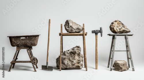 Wallpaper Mural Still life of rusted tools and raw rocks, staged on various supports against a plain white backdrop Torontodigital.ca