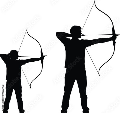 Black silhouette of a man and girl practicing archery with bows and arrows for sports hobby family activity and training