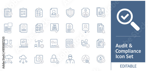 audit and compliance solid icons set featuring gdpr, cyber security, risk management, data privacy, financial audit, regulatory policy, solid vector design.