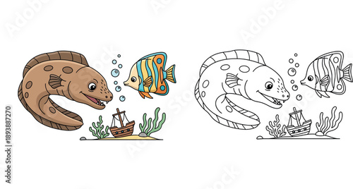 Cute cartoon moray eel and colorful butterflyfish swimming together underwater vector illustration; friendly sea animals with bubbles and shipwreck.