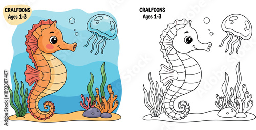 Cute cartoon seahorse and blue jellyfish swimming underwater vector illustration; happy orange sea animals with colorful coral reef and seaweed background for kids.